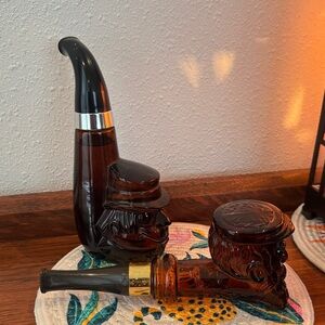 Vintage Avon Amber Glass Tobacco Pipes 1 empty & 1 Leather aftershave